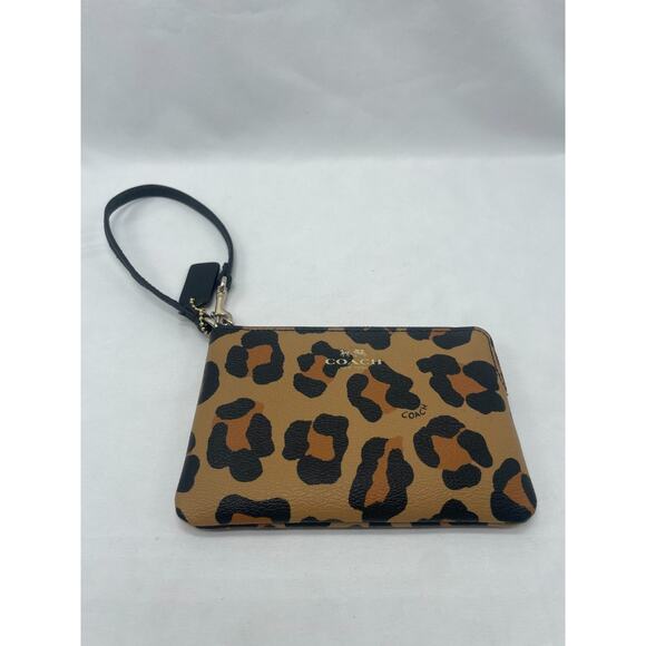 Coach Tan & Black Ocelot Print Coated Canvas Wristlet - Picture 1 of 11